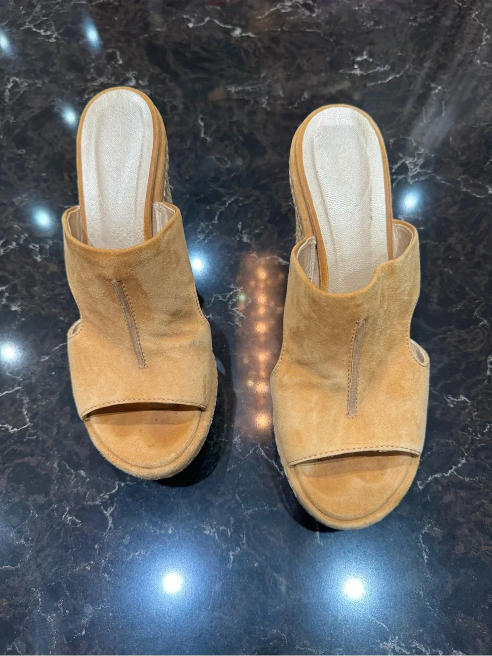 Stuart Weitzman Suede Espadrille Wedge Slides in Tan